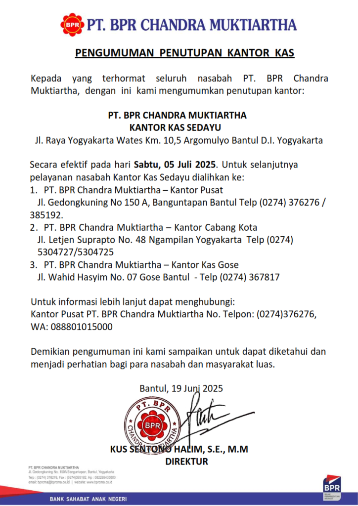 PENGUMUMAN PENUTUPAN KANTOR KAS